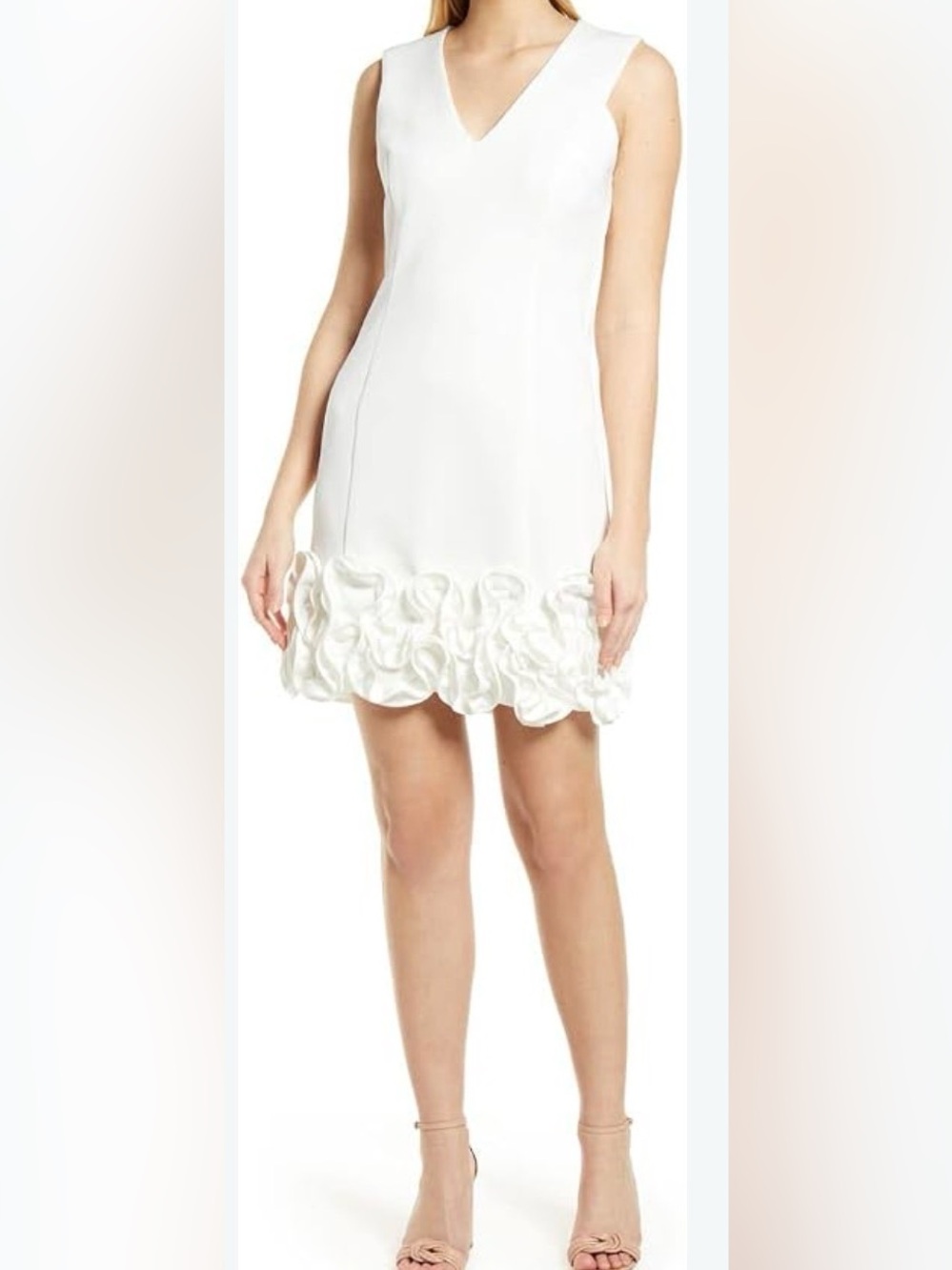 IVORY SLEEVELESS MINI DRESS ROSETTE RUFFLE HEM - Picture 14 of 14